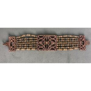 Monet Gold Multi Strand Beaded Filigree Cuff Bracelet Crystal Pearl P161